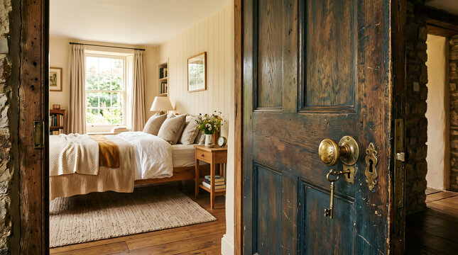 Rustic wooden door opening into a cozy bright bedroom