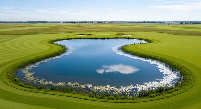 Serene golf course pond mirrors sky amidst lush green fairways and distant fields
