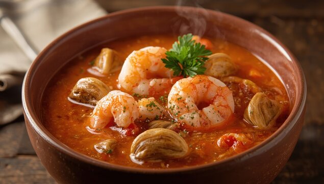 Hot Manhattan Clam Chowder with whole shrimp.