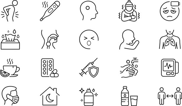 Various icons representing health wellness daily activities with line art dental care fitness rout