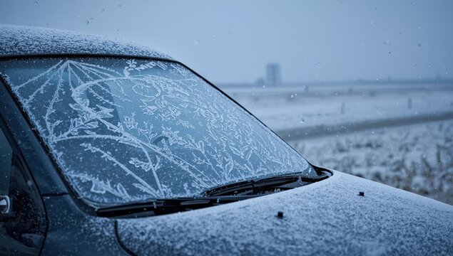 Icy Windshield on a Chilly Morning - Vehicle Glass Covered in Ice
