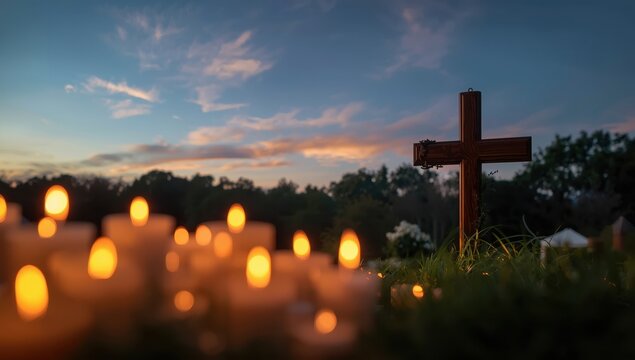 Illuminated candles and a cross in vibrant light. Spiritual theme backdrop.