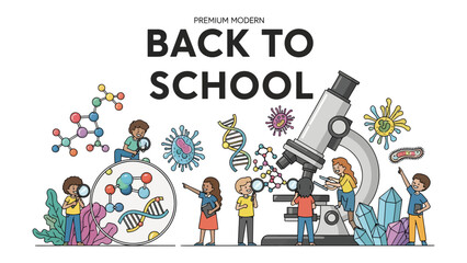 Back to School Science Adventure: A vibrant illustration depicts children exploring the wonders of science with a giant microscope, DNA strands, and molecular structures. © Mohammad
