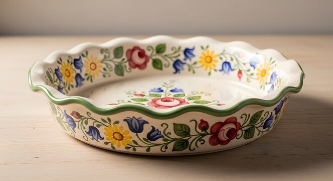 Hand-painted ceramic pie dish with floral pattern in soft natural light on a wooden surface