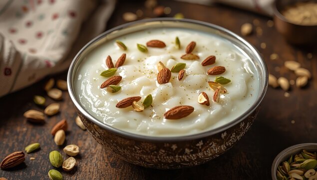 Rice Kheer, Firni, or Chawal ki Khir is a pudding from the Indian subcontinent made by cooking milk, sugar, and rice, typically served in a bowl.