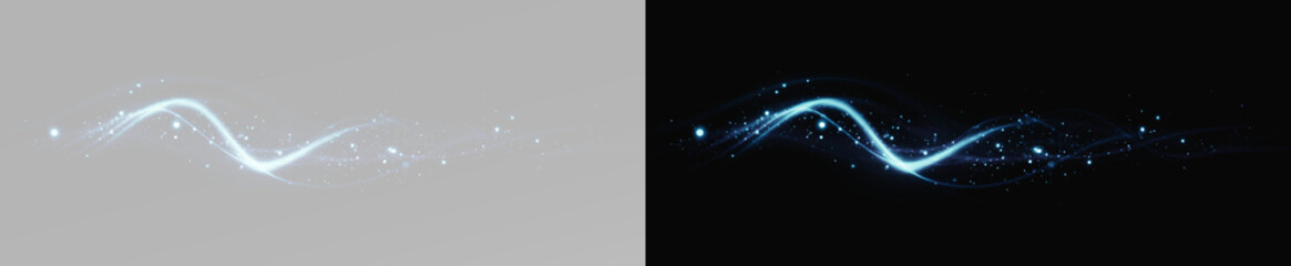 Realistic blue neon magic wave trail set, atmospheric glowing energy line streak and cinematic fluid sparkle dust path on contrast backgrounds © Maxim