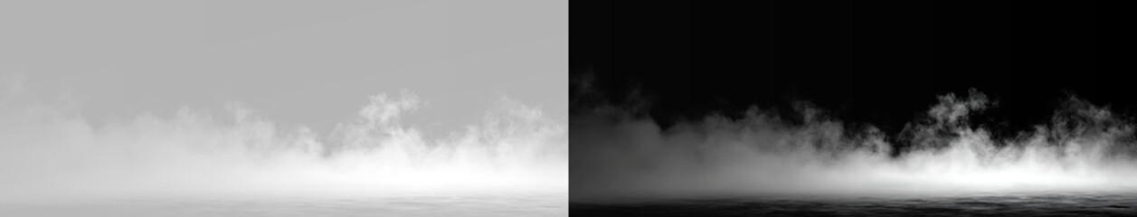 Fototapeta premium Realistic white thick ground fog set, atmospheric heavy mist vapor trail and cinematic horizontal dense smoke haze cloud on contrast backgrounds