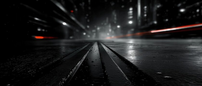 Wet city street with light trails and blurred buildings at night rain urban