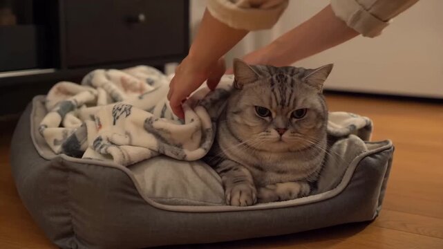Close-up of human hands gently petting a cute tabby cat resting comfortably in its soft bed, covered