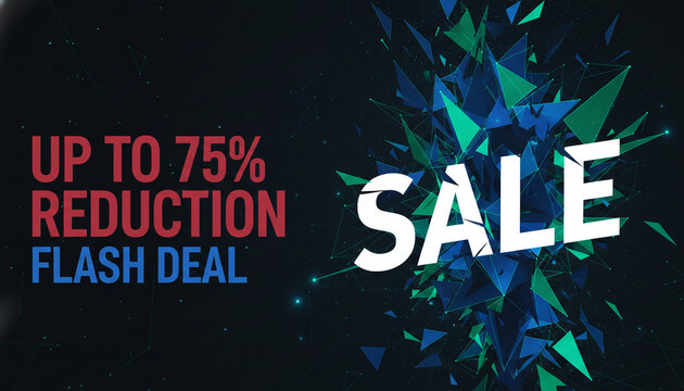 Dynamic graphic with geometric shapes and text announcing "Up to 75% Reduction Flash Deal Sale", representing a special offer and urgency