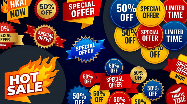 Collection of vibrant sale and offer banners with "Hot Sale", "Special Offer", "50% Off", and "Limited Time" text, symbolizing promotions, discounts, and urgency in retail.