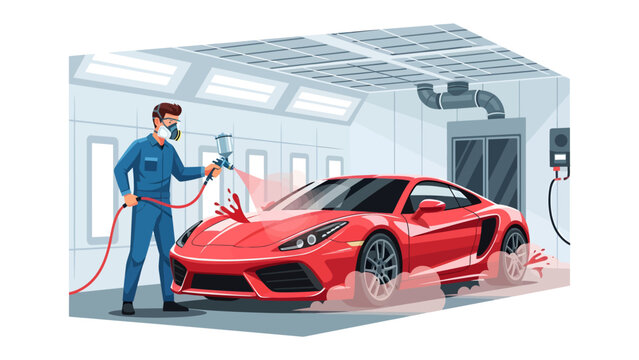 Car painting: A mechanic wearing a mask and protective suit is spray painting a red car inside a painting booth.