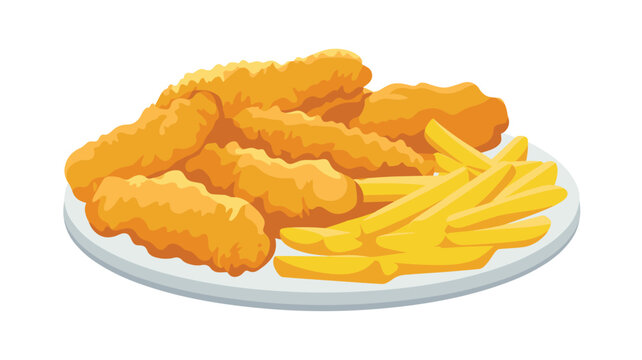 A plate of breaded chicken tenders with golden french fries is served against a clean white background in a simple flat illustration style with vibrant color palette.