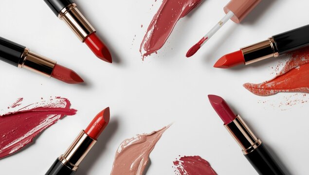Makeup product mockup featuring lipstick and lip gloss on a white background.