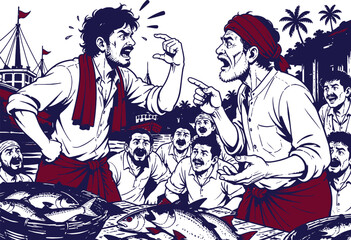 Fototapeta premium Fishermen Market Dispute Scene illustration