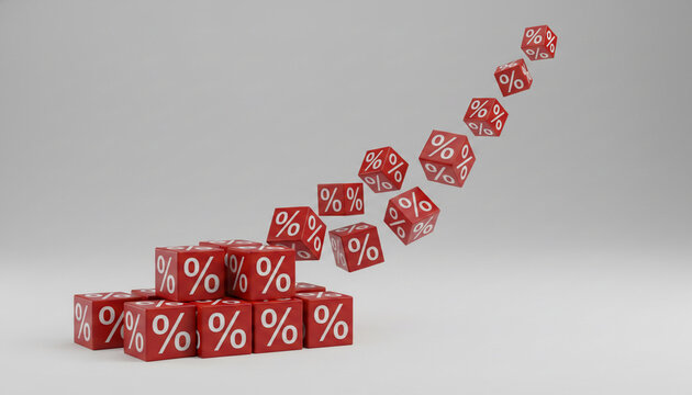 Red cubes with white percent signs ascending in a line against a plain background, symbolizing growth and increasing rates.