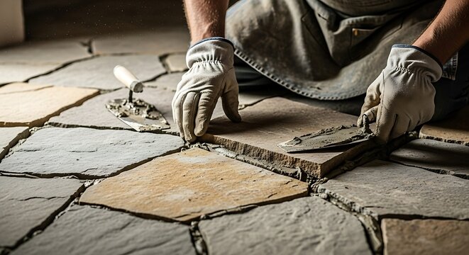 Professional Mason Laying Stone Pavers with Trowel and Mortar on Patio Floor