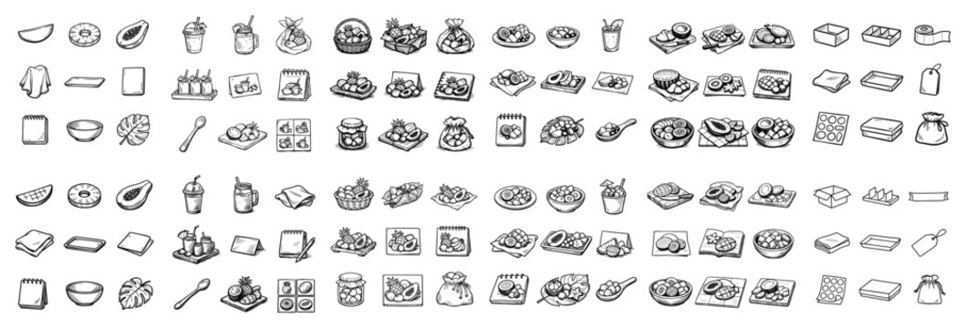 Handcrafted food and snack concept icons with donut crepe and cup for infographic layout in sketch vector art