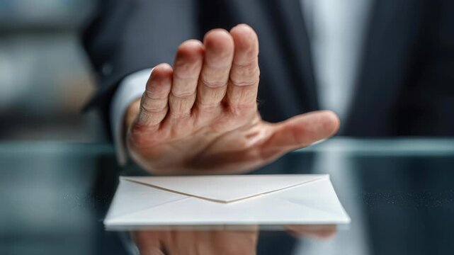 Hand Blocking White Envelope on Glass Table in Office Setting