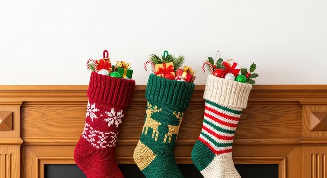 Tres calcetines navide&ntilde;os decorativos colgados sobre una repisa de madera, repletos de paquetes de regalo y adornos de colores brillantes, ornamentos, composici&oacute;n, invierno