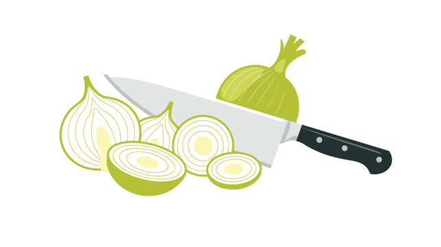 A sharp chef knife is positioned horizontally beside a whole green onion and several thin sliced onion rings on a plain white surface in a flat vector illustration style.