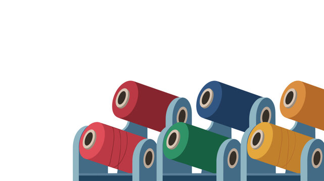 Several spools of vibrant colored thread are mounted on metallic industrial brackets shown in a close up perspective against a clean white background in digital vector style.