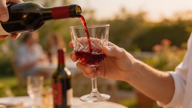 Wine being poured into glass outdoors