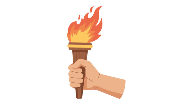 A human hand firmly grasping a burning wooden torch with bright orange flames flickering upward against a simple minimalist clean white background setting for emphasis.