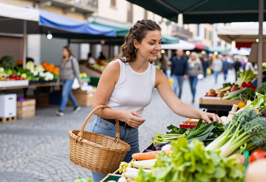 Young Woman Buying Fresh Produce at Local Market in Barcelona