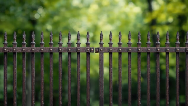 Metal fence topped with spikes set against green bokeh for protection.