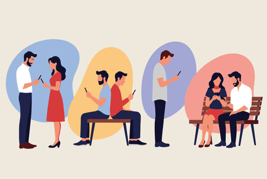 Groups of people are shown standing or sitting while ignoring each other and focusing entirely on their mobile phone screens.