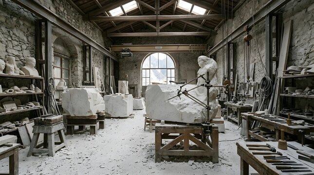 Traditional stone sculptor workshop interior with large marble blocks, unfinished statues, wooden workbenches, hand tools, and dust covering the floor in an industrial setting