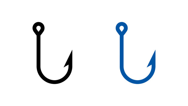 Fish hook icons set in black and blue minimalist vector style for fishing equipment design