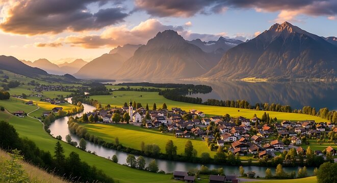 Serene mountain village beside a winding river and tranquil lake at sunset