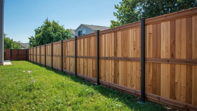 New wooden fence with natural stains and coated round posts in a new home&rsquo;s backyard in Princeton, Collin County, Texas, for privacy in suburban Dallas.