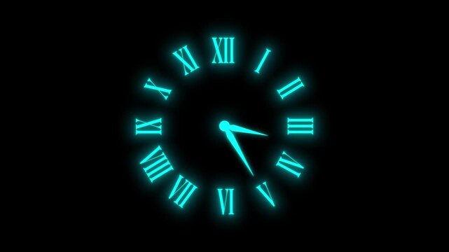 Glowing Analog clock spinning animation loop on black Background. Animated wall clock seamless looping. roman numerals clock time lapse video 4k