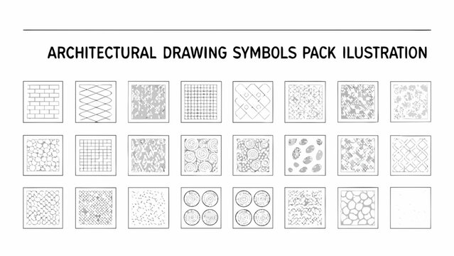 Architectural drawing symbols illustration featuring a collection of patterned square and circular elements on a white background representation building plans construction