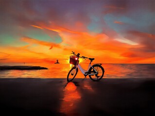 Obraz premium Scenic beach at dusk with bicycle and front basket silhouetted 