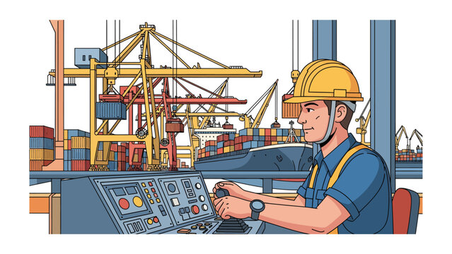Dockworker Overseeing Operations: A focused dockworker in a hard hat operates controls in a crane cabin, overlooking a bustling shipping port with cargo ships and containers.