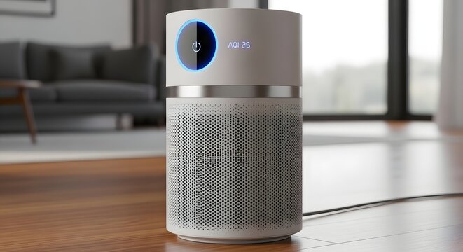Modern air purifier with blue light indicator on wooden floor in bright living room