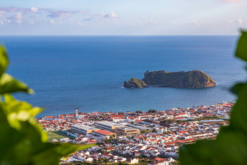 Panoramic view of Vila Franca do Campo town and its volcanic islet crater on the Atlantic Ocean, Sao Miguel Island, Azores, Portugal. © Max Maximov