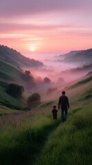 Fototapeta premium A father and young son stroll together through green hills as the sun rises, casting a warm glow over the foggy landscape. They share a moment of peace in nature's embrace