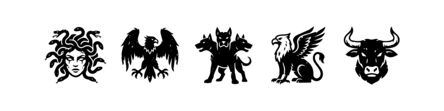 Mythological Creatures Distressed Vector Icon Set