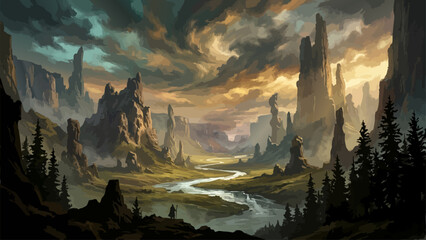 Mountain landscape with winding river, painted digital illustration. © MdDulal