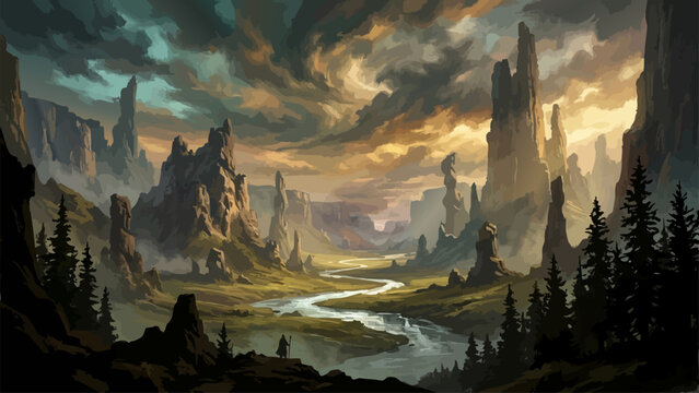 Mountain landscape with winding river, painted digital illustration.