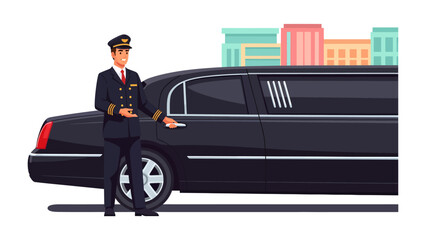 Chauffeur and Limousine: A uniformed chauffeur stands beside a sleek black limousine, ready to provide luxurious transportation against a backdrop of city buildings. © Md