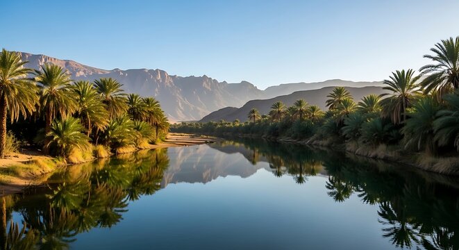 Serene river flows through sunlit desert oasis, reflecting mountains and palm trees