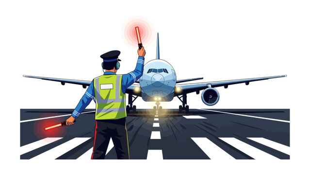 Airport Marshall Guiding Aircraft: An airport marshall, dressed in a high-visibility vest, directs a commercial airplane on the tarmac using illuminated signal wands.