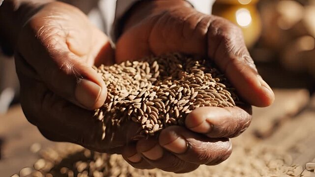 Closeup of farmers hands holding a handful of grains.