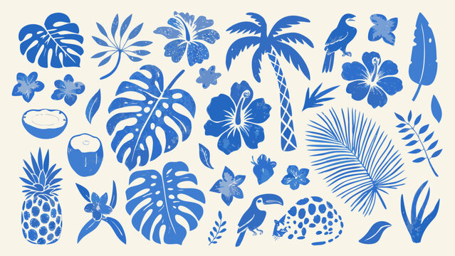 Blue tropical foliage silhouettes and fruit illustrations against a light beige background leaves monstera hibiscus palm pineapple coconut toucan parrot jaguar